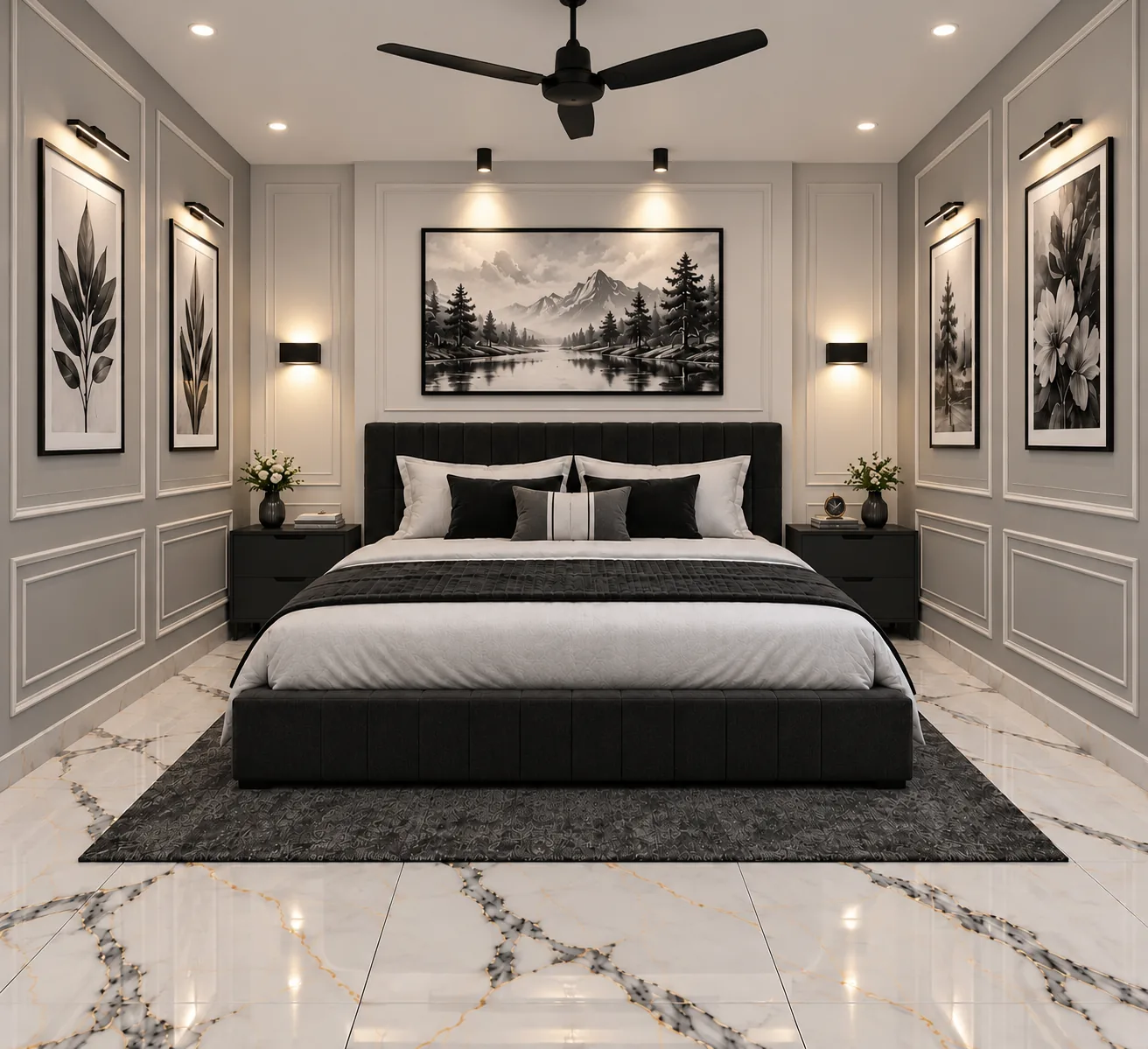 Elegant bedroom with a comfortable bed and marble floor